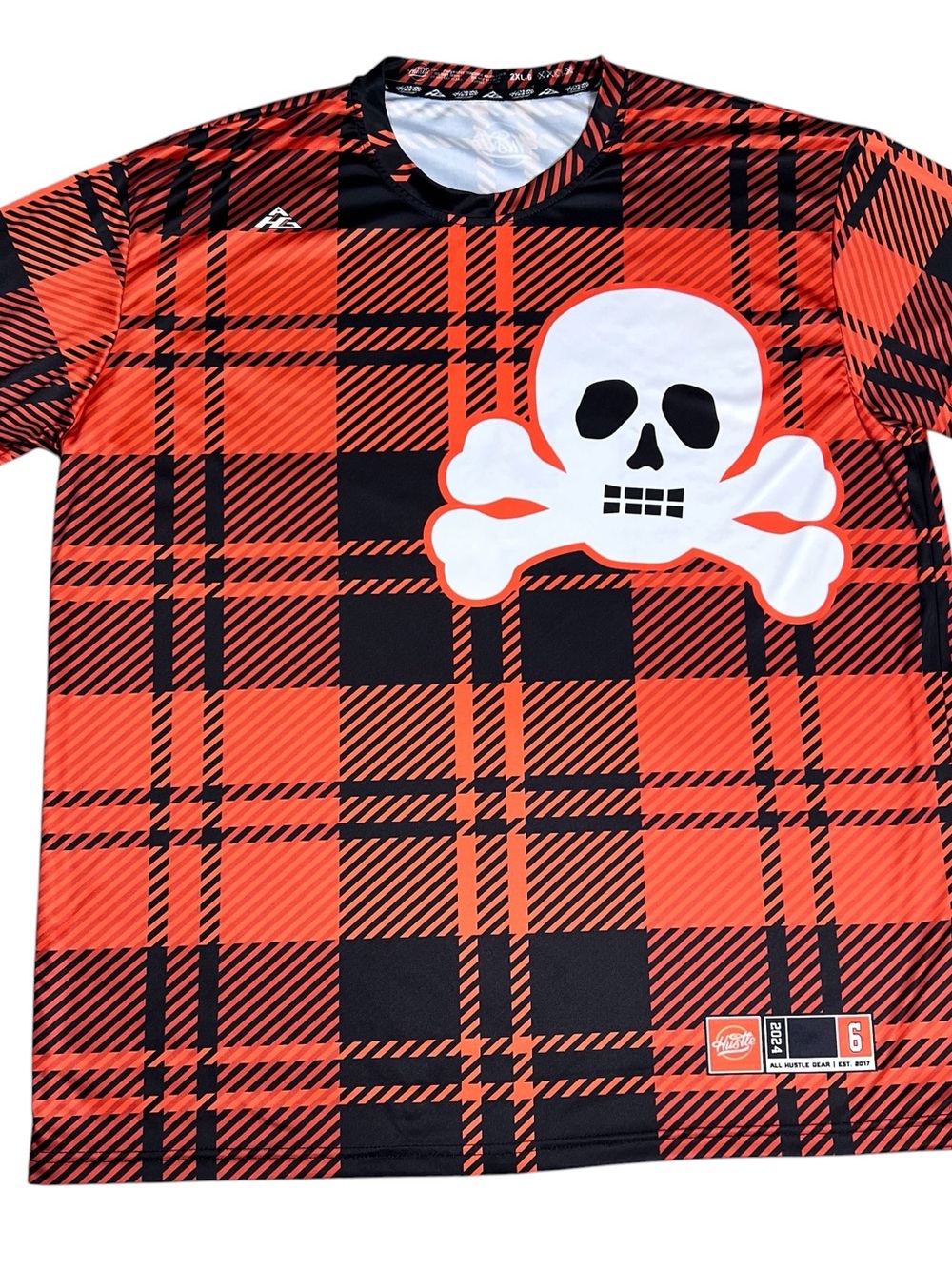 All Hustle Gear Mens Jersey Orange Black Plaid Skull Crossbones Fitz 6 Size 2XL